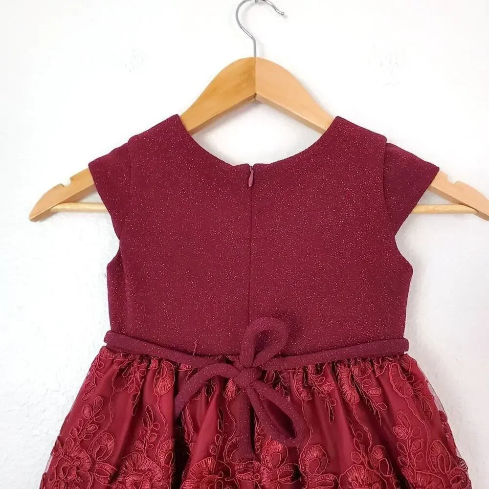 Youngland Girls Size 4 Red Glitter Floral Lace Holiday Dress Large Satin Bow